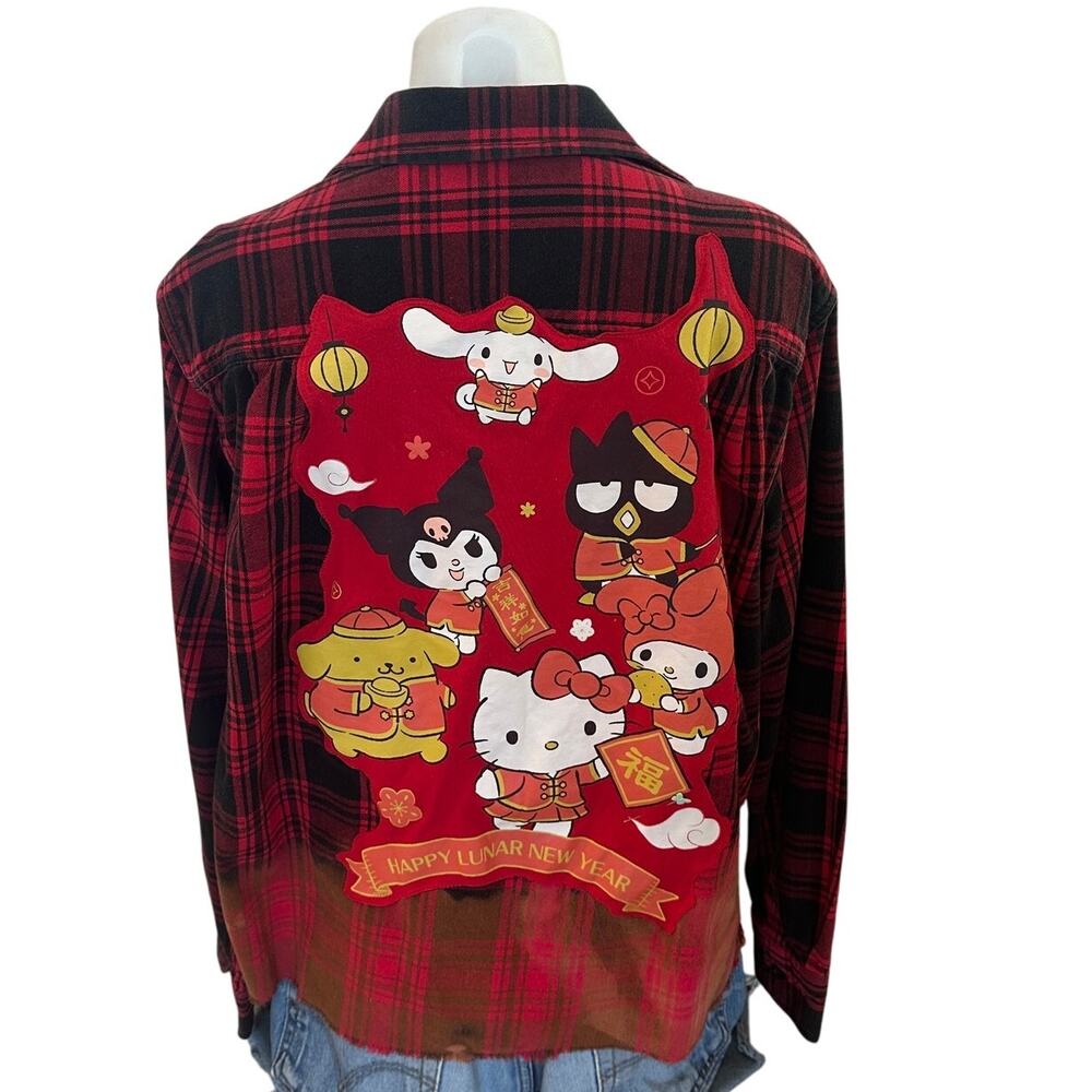 Hello Kitty Plaid Flannel Shirt LARGE Oversize Unique Retro 90s Chinese New Year